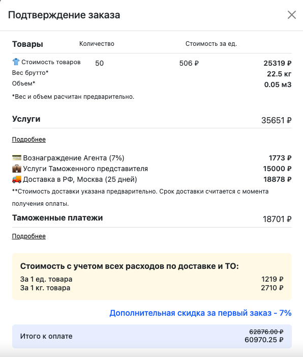 окно подтверждения заказа